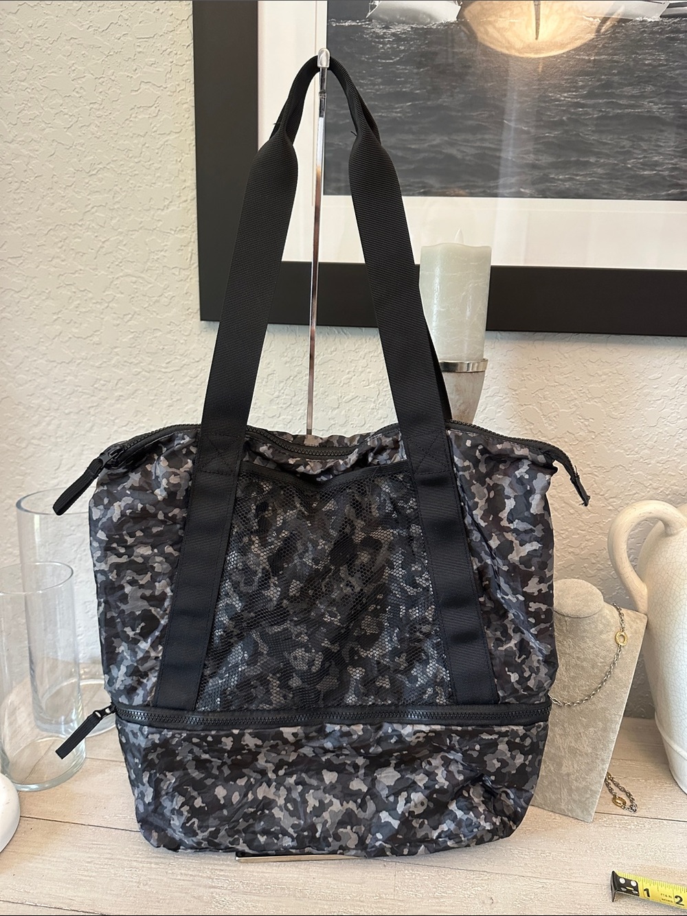 Gray Camo Women's Tote Bag with Black Straps Collapsible